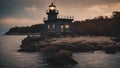 lighthouse at sunset is actually a secret hideout for a group of pirates that use the light as a decoy