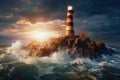Lighthouse sunset, AI generated