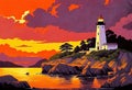Lighthouse Sunset with Clouds and Waves created with Generative AI