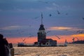 Lighthouse at sunset. flock of seagulls. Maiden tower, Istanbul Royalty Free Stock Photo