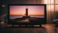 lighthouse at sunset highly intricately detailed photograph of Poolbeg Lighthouse inside a plasma tv