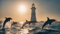 lighthouse at sunset _ the lighthouse is surrounded by a group of dolphins that are jumping and playing in the water. Royalty Free Stock Photo