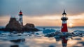 lighthouse at sunset lighthouse is made of bricks and the water is made of blue , Marblehead Lighthouse Royalty Free Stock Photo