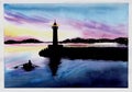 Lighthouse at sunset. Watercolor illustration.