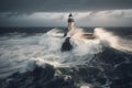 lighthouse, surrounded by stormy sea, with waves crashing against the shore