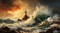 A lighthouse surrounded by waves