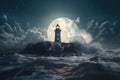 lighthouse surrounded by waves, with the moon shining above