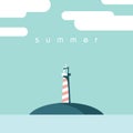 Lighthouse symbol of summer holiday or vacation. Modern flat design postcard template.