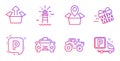 Lighthouse, Taxi and Tractor icons set. Send box, Package location and Present delivery signs. Vector
