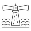 Lighthouse thin line icon, nautical concept, beach signal beacon sign on white background, luminous lighthouse icon in Royalty Free Stock Photo