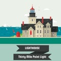 Lighthouse.Thirty Mile Point Light.Lighthouse on rock stones island cartoon vector background. Vector illustration Royalty Free Stock Photo