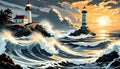 Lighthouse Tidal Wave Rocks Waves Violent Ocean Shore Breaking