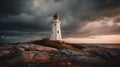 a lighthouse on top of a rocky outcropping under a cloudy sky with a red light on top of the light house on top of the rock Royalty Free Stock Photo