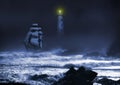 Lighthouse and sailboat at night