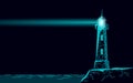 Lighthouse tower emit light lamps and lenses navigation for maritime pilots at sea ocean. Searchlight beam marine night
