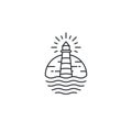 Lighthouse Tower Island with searching light. Simple Line Art logo design inspiration Royalty Free Stock Photo