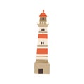 Lighthouse tower for ship guidance and navigation. Nautical light house for sea transport. Port building. Colored flat