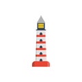 Lighthouse, tower for signal beacon. Building on sea coast landscape. Element in simple flat style. Sign of lighthouse