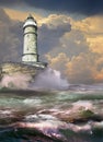 Lighthouse before storm on unsettled sea