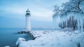 Lighthouse towering over snow covered shoreline with icicles dangling serene winter scene Royalty Free Stock Photo