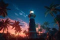 lighthouse on a tropical island at night