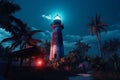 lighthouse on a tropical island at night