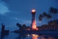 lighthouse on a tropical island at night