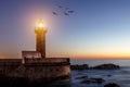 The lighthouse with turned light and flying birds around..