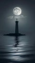 Lighthouse under the full moon at night with reflection on water Royalty Free Stock Photo