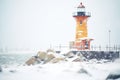 lighthouse under heavy snowfall, sea spray freezing on lens