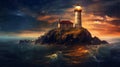 A lighthouse under night sky. Generative AI Royalty Free Stock Photo