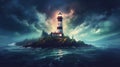 A lighthouse under night sky. Generative AI Royalty Free Stock Photo