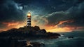 A lighthouse under night sky. Generative AI Royalty Free Stock Photo