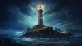 A lighthouse under night sky. Generative AI Royalty Free Stock Photo