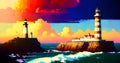 Lighthouse under the sky. Safe Harbor, Alert Warning light Concept Illustration Generative AI