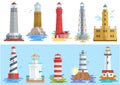 Lighthouse vector beacon lighter beaming path of lighting to ses from seaside coast illustration set of lighthouses