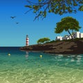 Sea shore, lighthouse, trees, hotels, seagulls Royalty Free Stock Photo