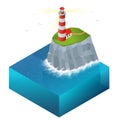Lighthouse vector isometric illustration. Searchlight towers for maritime navigational guidance.