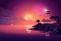 Lighthouse - vector landscape. Sea landscape with beacon on the cliff at night. Vector horizontal illustration in flat Royalty Free Stock Photo