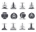 Lighthouse vector marine vintage labels. Lighthouses and ocean waves retro nautical logos set Royalty Free Stock Photo