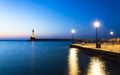 Lighthouse at Venetian port at night, Chania, Crete, Greek Islands, Greece, Europe