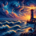 A lighthouse view at a night scene, with huricane winds, big waves, twilight sky, clouds, seashore, stormy, painting art, Van Gogh