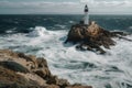 lighthouse, with view of the open sea, waves crashing against the rocks Royalty Free Stock Photo