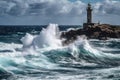 lighthouse, with view of the open sea, waves crashing against the rocks Royalty Free Stock Photo