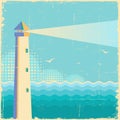 Lighthouse vintage poster.Vintage sea waves background