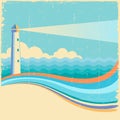 Lighthouse.Vintage sea waves background