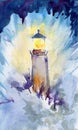 Lighthouse watercolor illustration hand drawn. Beacon against the background of the sea, waves beating the base, sea beam.