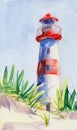 Lighthouse watercolor illustration hand drawn. A beacon on the banks of a sand dune in the grasses of grass.