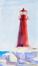 Lighthouse watercolor illustration hand drawn. A red beacon on a rock amid a blue sky.