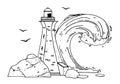 Lighthouse and wave. Hand drawn outline vector illustration. Black on white background Royalty Free Stock Photo